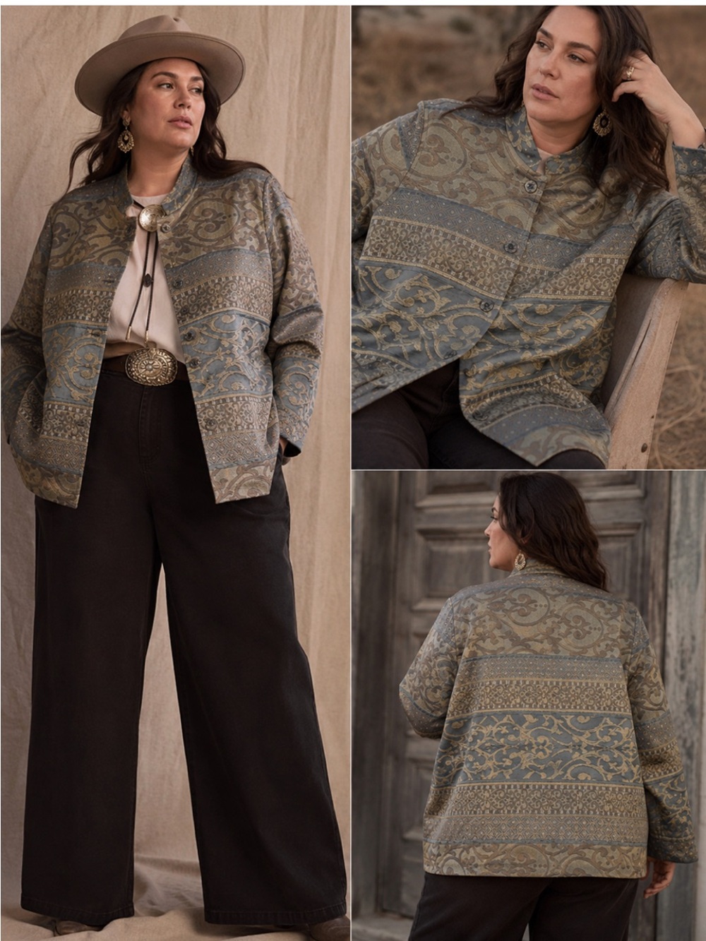 Coldwater Creek Ice Blue & Cream Brocade Patterned Jacket Mandarin Collar